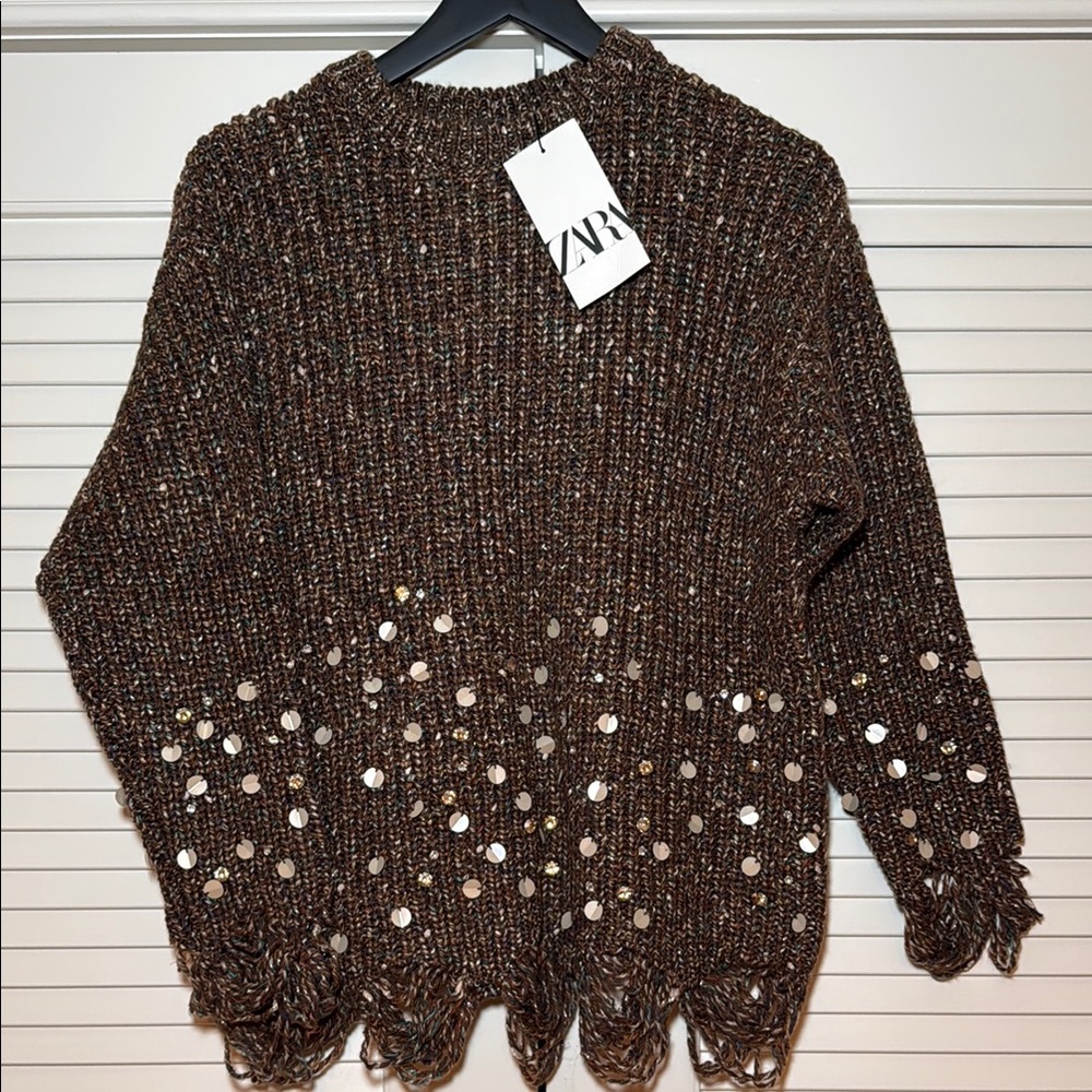 Zara Gold and Brown Crew Neck Sweater with Decorative Hem